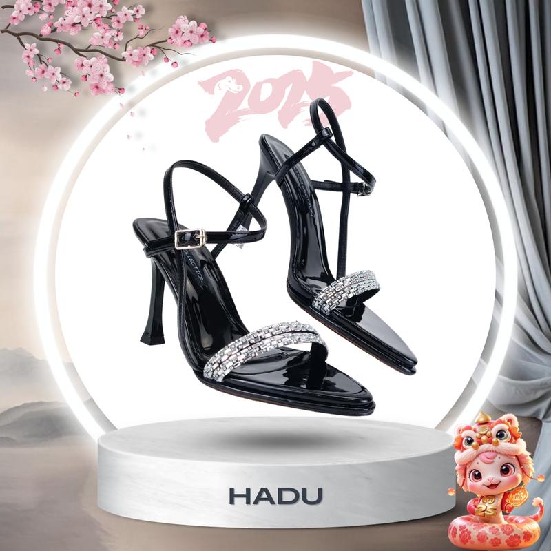 Giày Sandal Cao Gót 9P Mũi Nhọn Quai Đính Đá HADU M958 Da Pu Cao Cấp Bảo Hành 24T Nữ DéP Shoes Jean Cao Su giày  cao 10 phân