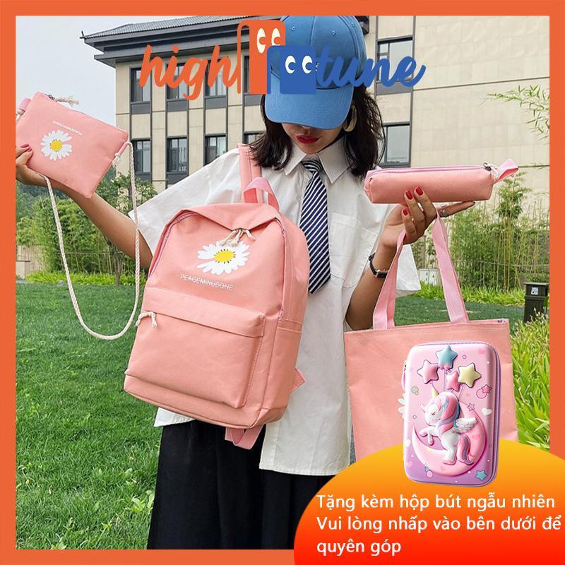Set balo hoa cúc 4 món kèm túi ví thời trang, balo đi học, túi tote đi chơi đáng yêu Kem Đeo Vai Backpack Nhung Da Da xuhuong  balo