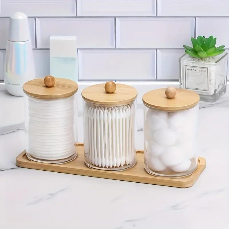 Cotton Swab Storage Bottles with Wooden Lid, Toothpick Storage Bottle with Tray, Bathroom Containers Dispenser, Floss Organizer Canisters 3
