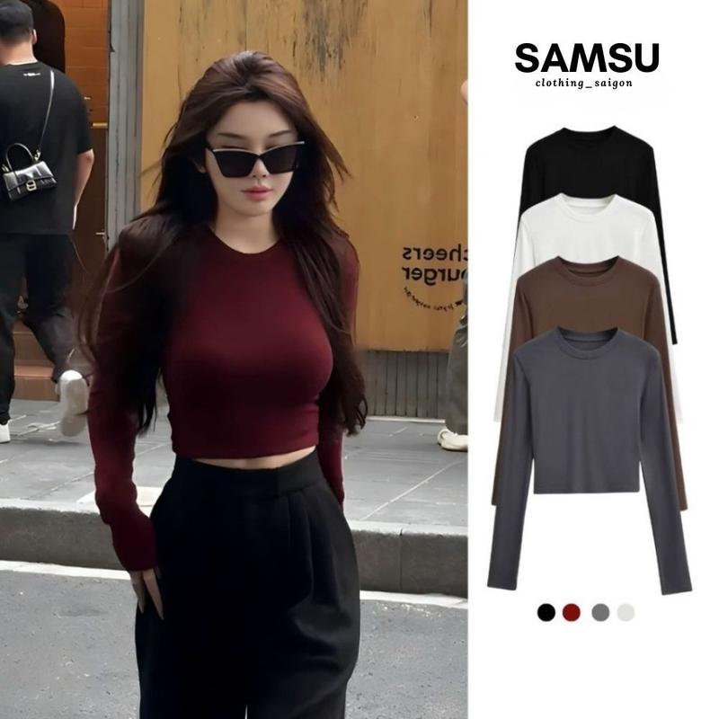 (XẢ HÀNG) Áo Thun Dài Tay Croptop Ôm Fit Body Cotton Mịn Justdun Samsu.clothing_saigon Cổ Tròn Women Nữ