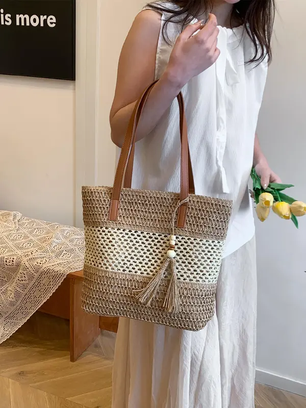 Women's Fashionable Straw Tote Bag, Large Capacity Shoulder Bag for Daily Used, Casual Trendy Versatile High-quality Daily Commuting Bag, Girl Fashionable Shopping Bag, Beaded Bags 2