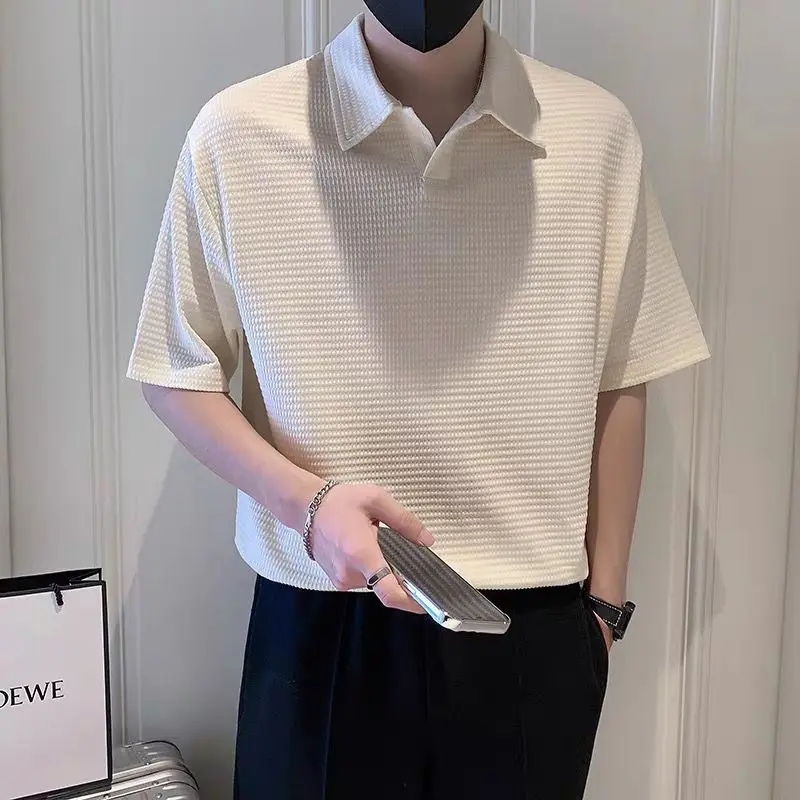 Waffle Ice Silk Polo Shirt Men's Short Sleeve Summer Thin Korean Style High-Grade Ruffle Handsome Knitted Half Sleeve Lapel T-shirt