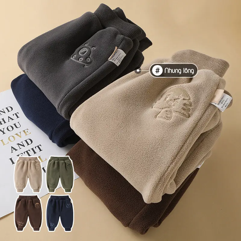 Quần dài chất nhung lông lót lông siêu mịn thêu hình cute cho bé trai và gái hàng QC - QN13 1