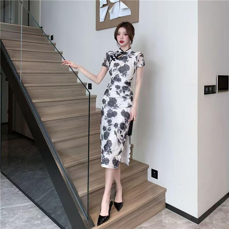 Product Introduction of Váy Cao Trên Đầu Gối, Phong Cách Trung Quốc Mùa Hè, Dáng Ôm, Xẻ Tà Thanh Lịch, Sườn Xám Sửa Đổi, Thường Ngày, Thanh Lịch Và Thời Trang 12