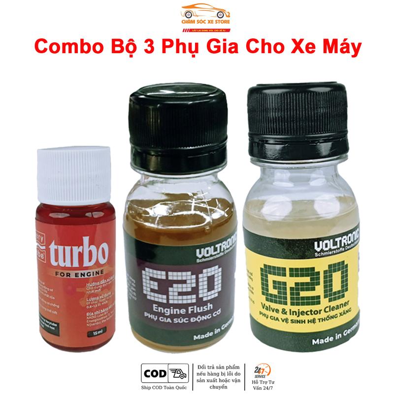 Combo 3 Lọ Phụ Gia Cho Xe Máy Gồm 1 Súc Động Cơ E20 50ml, 1 Súc Béc Xăng G20 50ml Và Phụ Gia Nhớt Mới Xado Very Turbo 10ml