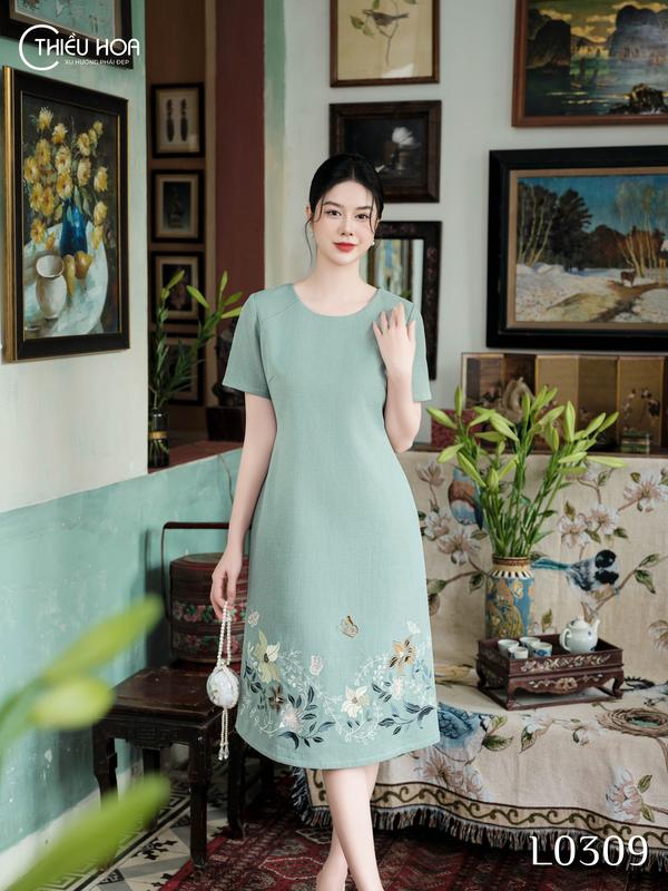 Đầm VẢI DỆT Nữ Trung Niên Cao Cấp Sang Trọng cho mẹ thương hiệu Thiều Hoa DD4L0309 Women Dress