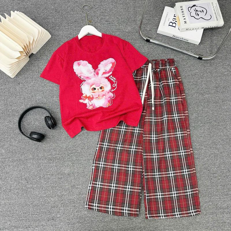 Set bộ cho bé gái, áo thun kèm quần kẻ caro fom rộng in hình baby three dễ thương chất vải cotton su mềm mịn cho bé 15-45kg 2
