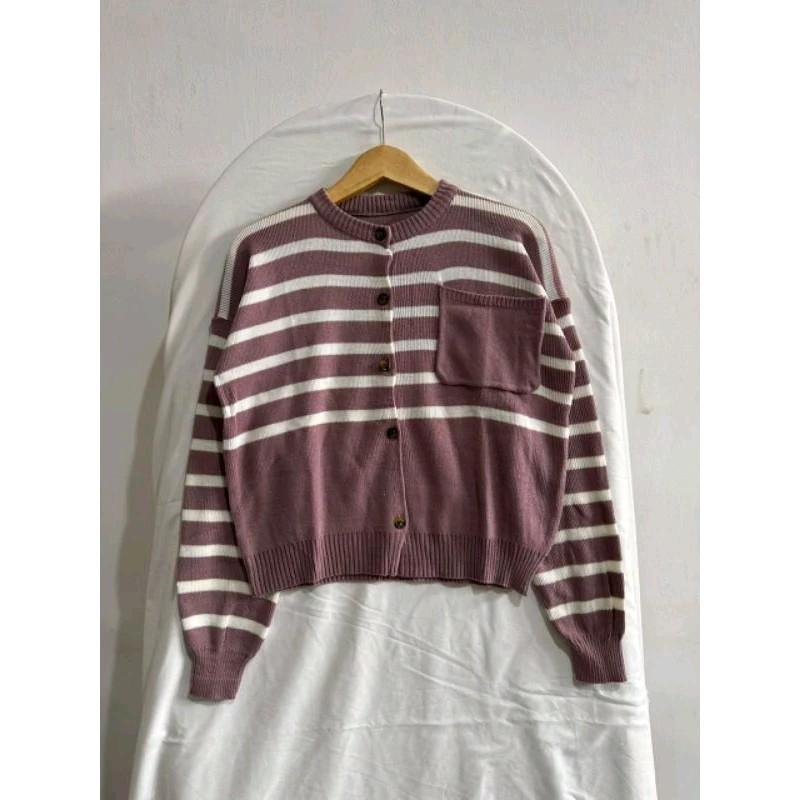 Cardigan Rajut Wanita Flora Full Kancing Motif Salur Setrip Blaster Baju Atasan Garis Kerah Nyaman Knitwear Panjang 3