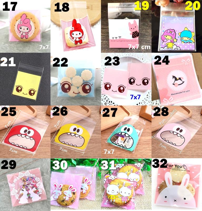 1 pack isi 100pcs Plastik Kue Cookies Bag Fancy Motif Lucu Menarik Modern Karakter Kartun Bunga Polos Doff Bening 7x7 Kantong kemasan handmade motif lucu cat love pink flower flowy hati waru pig rabbit pita ribbon permen candy aksesoris opp ada perekat 0