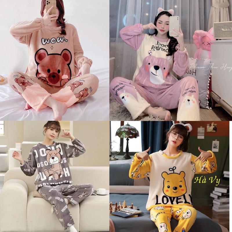 Bộ Đồ Ngủ Nữ Quần Áo Ngủ Mặc Ở Nhà Dài Tay Vải  Bông Lông Cừu Giữ Nhiệt Ấm Mùa Đông Đi chơi Đều Đẹp