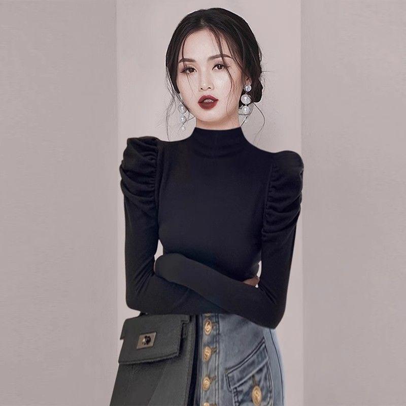 Áo Thun Dài Tay Bong Bóng, Phong Cách Pháp, Cổ Lọ, Màu Trơn Mỏng Vừa Vặn, Áo Mặc Trong Co Giãn 0
