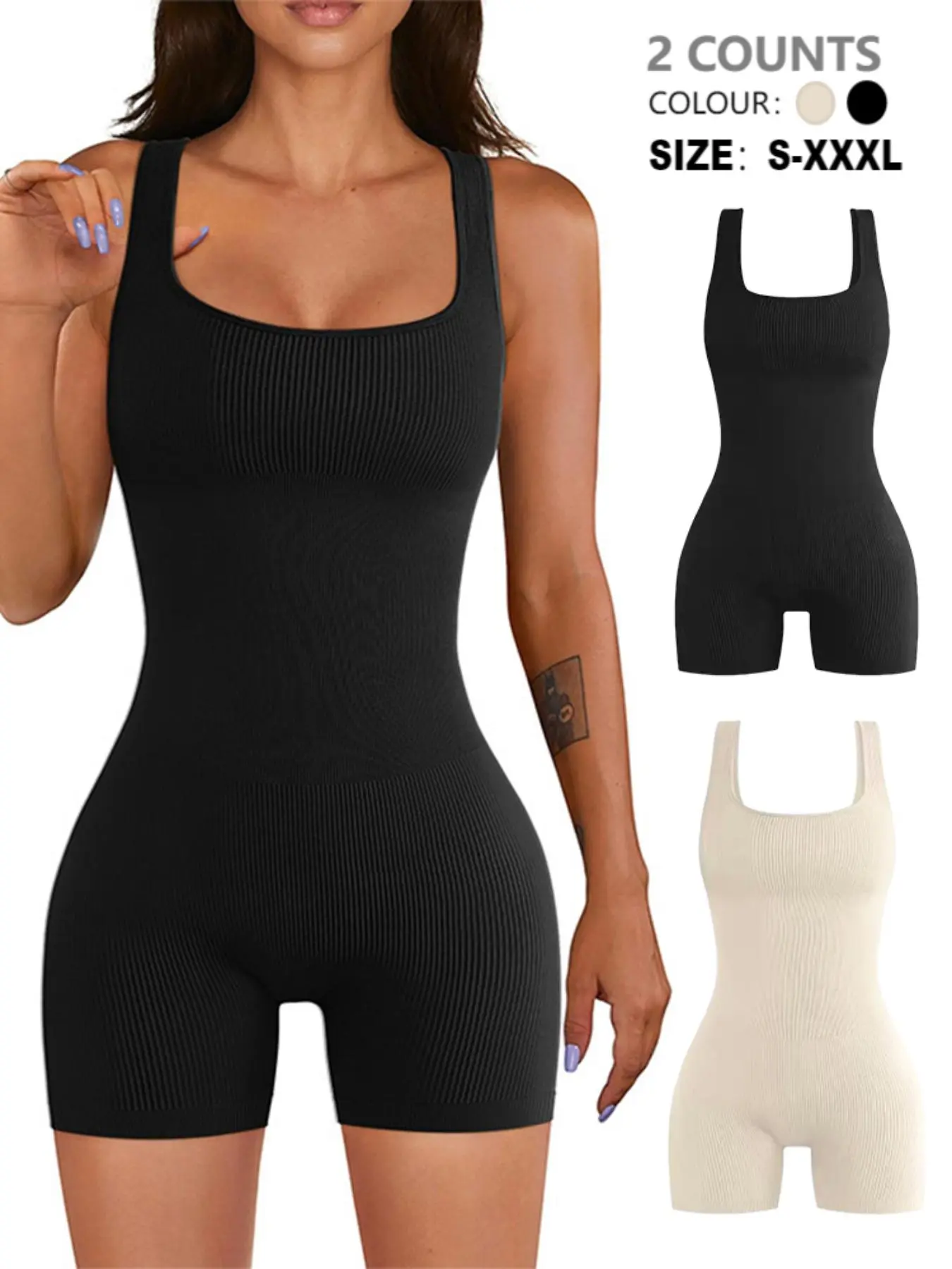 Women's Solid Backless Ribbed Shapewear Romper, Casual Comfy High Stretch Shaper for Daily Wear, Ladies Shapewear for All Seasons, Tummy Tuck Garment