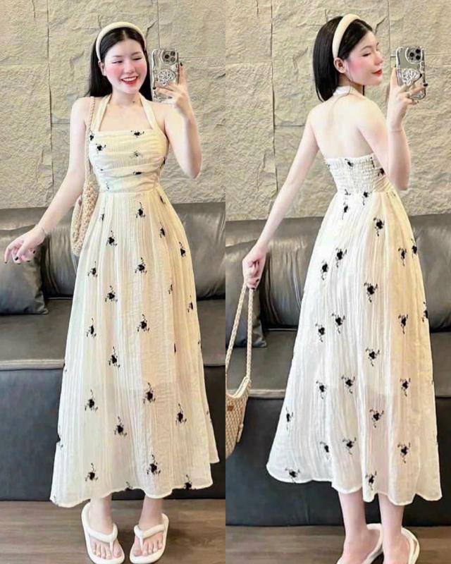 Váy cổ yếm dáng dài xòe chất tơ xốp thanh lịch dễ thương Nữ daho i