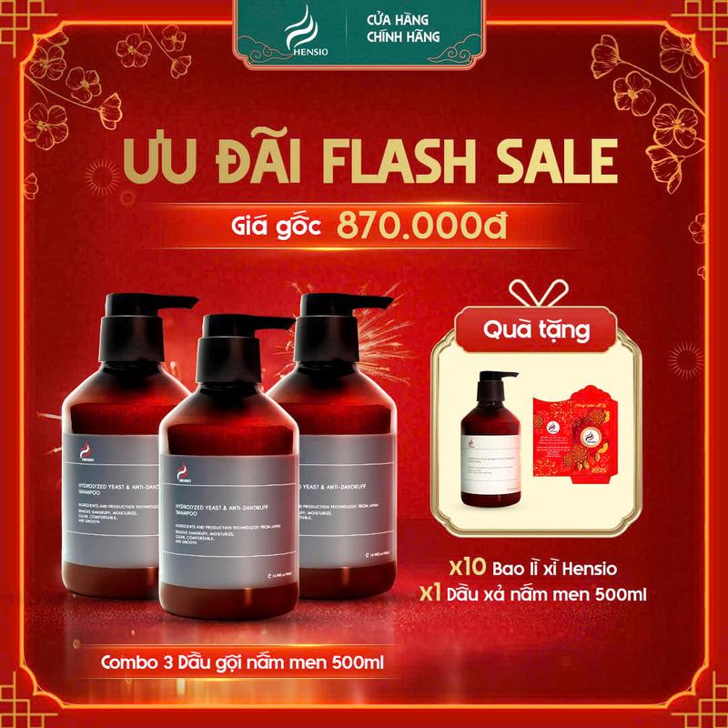 Combo 3 chai Dầu Gội HENSIO 500ml Hỗ Trợ Cải Thiện Gàu, Hỗ Trợ Cải Thiện Nấm Ngứa, Chăm Sóc Tóc Từ Nấm Men Hensio - Công Thức và Nguyên Liệu Nhật Bản Dưỡng Tóc Tặng 1  chai xả 500ml  & 10 bao lì xì