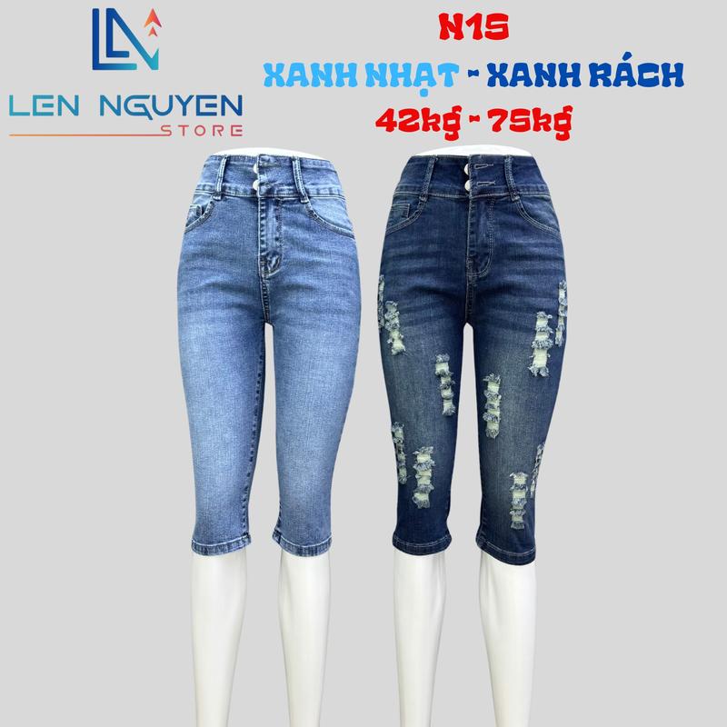 N15 [ Len Nguyen Store ] Quần Jean (Bò) Nữ Ngố 7 Tất, Lưng Cao 2 Nút, Dài 60-63cm, Màu Xám, Xanh, Size 42kg-75kg, Thiết Kế, Co Giãn, Mền Mịn, Bigsize, Hotgirl, Skinny, Ống Ôm, Mang Phong Cách Năng Động, Trẻ Trung, Tự Tin. Women Pants Denim Có Túi