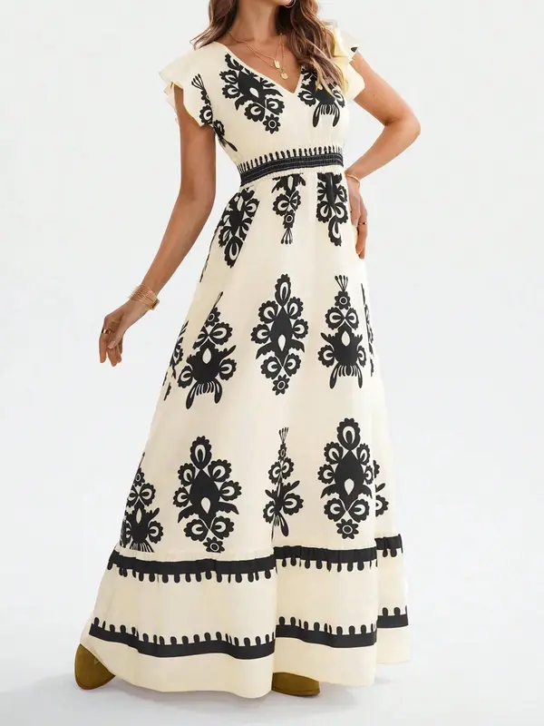 Women's All Over Print Ruffle Hem A Line Dress, Boho Fashion V Neck Cap Sleeve Long Dress for Beach Holiday Vacation, Summer Dress, Ladies Dress for Summer, Bohemian Womenswear, Vneck 2