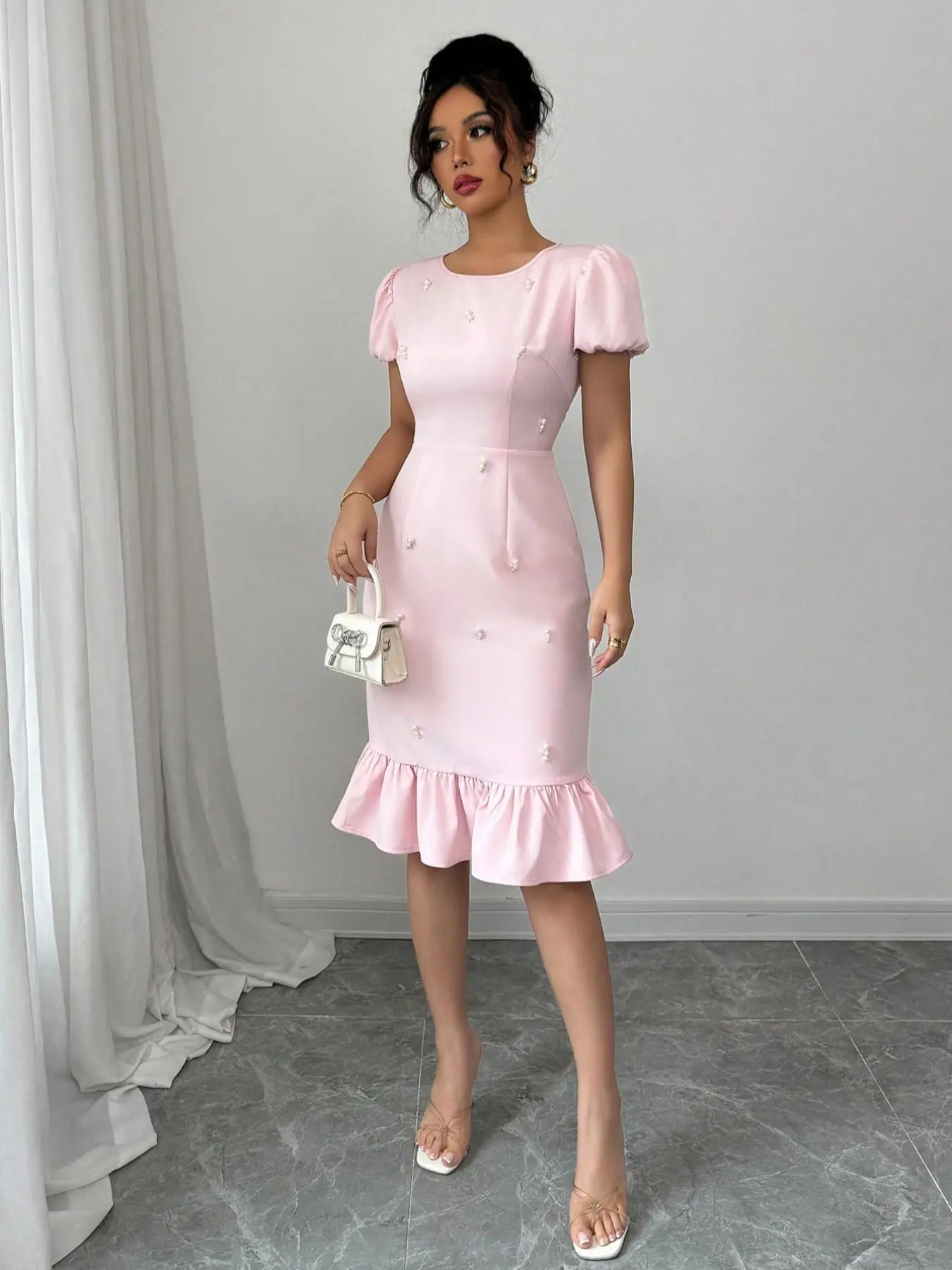 Women's Plain Puff Sleeve Crew Neck Dress, Elegant Fashion Casual Ruffle Trim Short Sleeve Dress for Daily Outdoor Wear, Ladies Dress for Summer