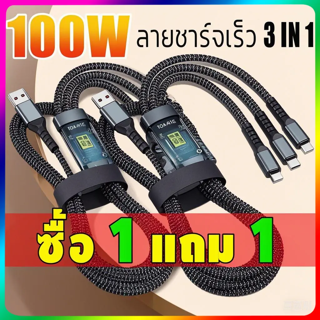 สายชาร์จเร็ว 3-in-1 100W, 6A ชาร์จเร็วไนลอนถักความเร็วสูง, เข้ากันได้กับ Micro USB, Type-C และ Lightning สำหรับ iPhone, Samsung, Huawei, ซื้อ 1 แถม 1 ข้อเสนอฟรี