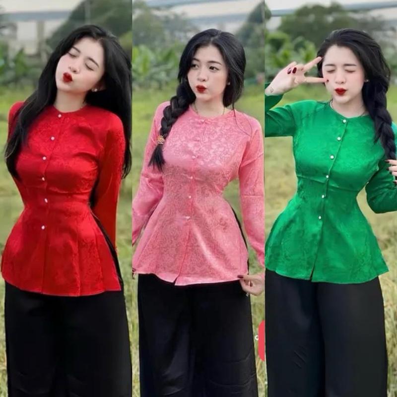 BỘ BÀ BA QUẦN LẺ bà ba nữ Áo gấm cổ tròn cài nút phía trước tay ráp lăn Top áo bà ba nữ truyền thống thịnh hành