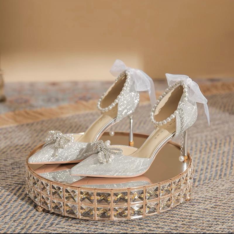 Giày sục min nơ Ngọc phối xoàn dây chuỗi gót cao 7cm,9cm dành cho nàng đi tiệc đi chơi đây ạ Gót rất cao (trên 8 cm) Shoes Nữ Len Nhung DéP Sandal