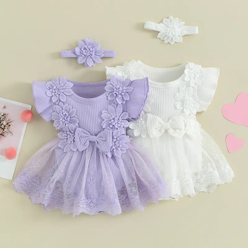 Pakaian 2 helai untuk bayi perempuan, jaringan renda, Patchwork, roda tenaga, gaun dan ikat kepala, comel, fesyen, pakaian musim panas