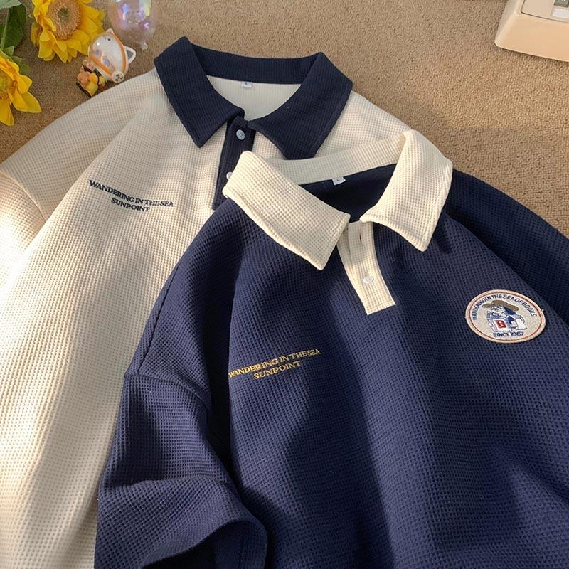 Áo Polo Phối cổ logo WANDERING IN THE SEA Local Brand polo unisex nam nữ oversize chất liệu cotton tổ ong dày dặn Menswear Có Cổ Ngắn Tay Thun