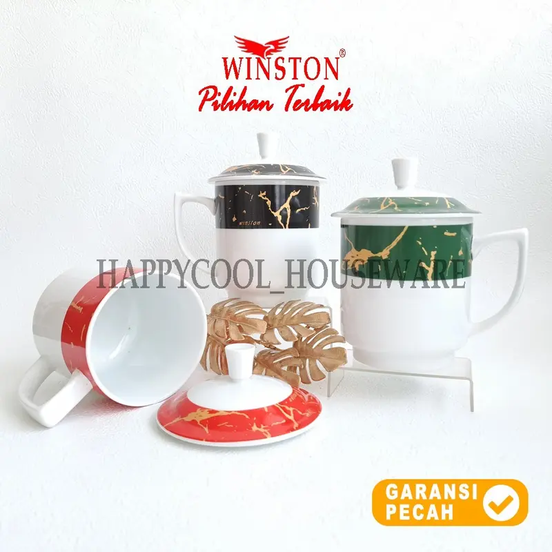 WINSTON 1pcs Mug Tutup 450cc Marmer Hitam Keramik Mug Gagang Gelas Minum Tutup 5