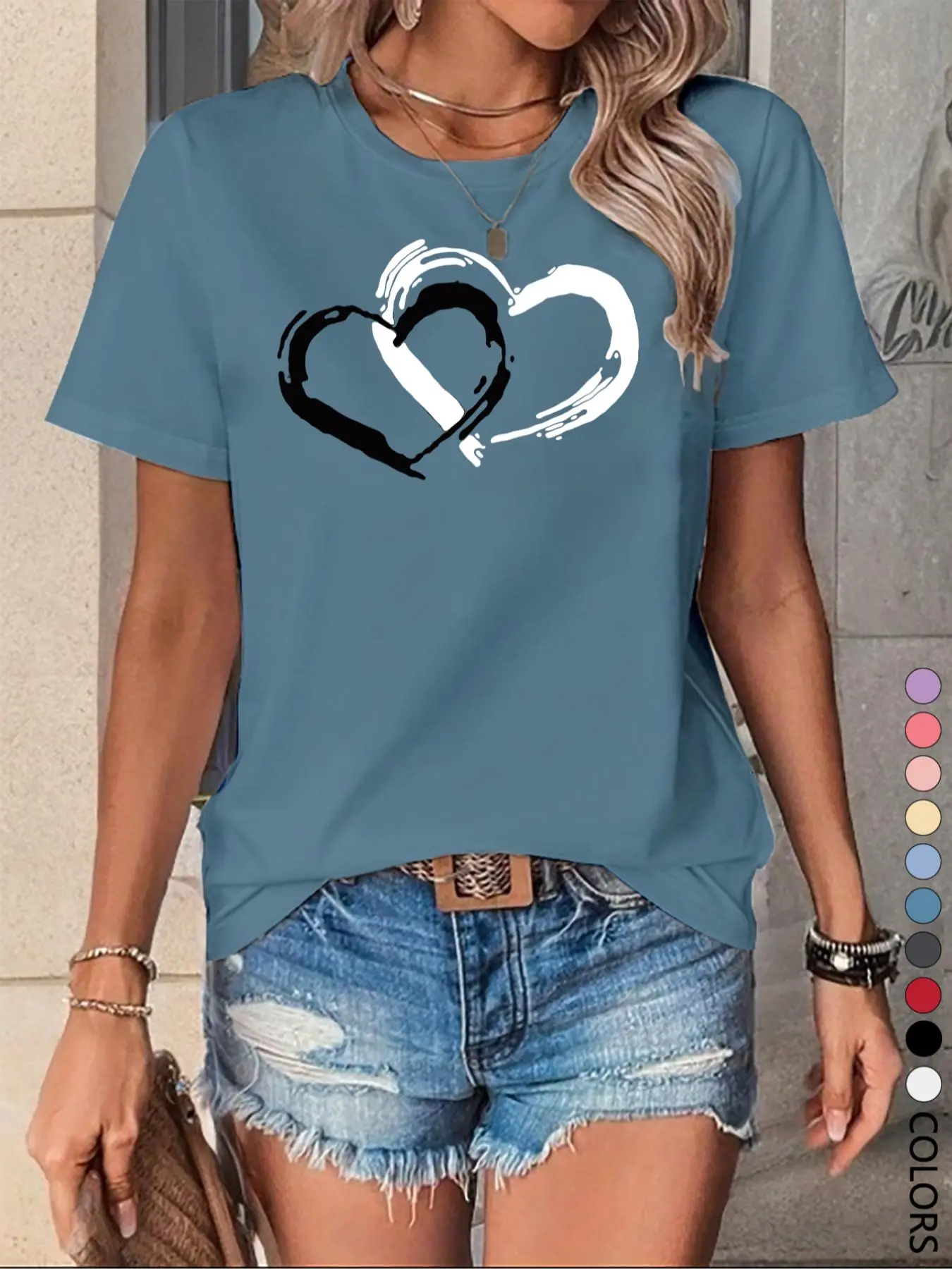 Women's Heart Print Round Neck Tee, Fashion Casual Short Sleeve Graphic Print T-shirt, Ladies Summer Clothes for Daily Wear Valentine's Day, gift