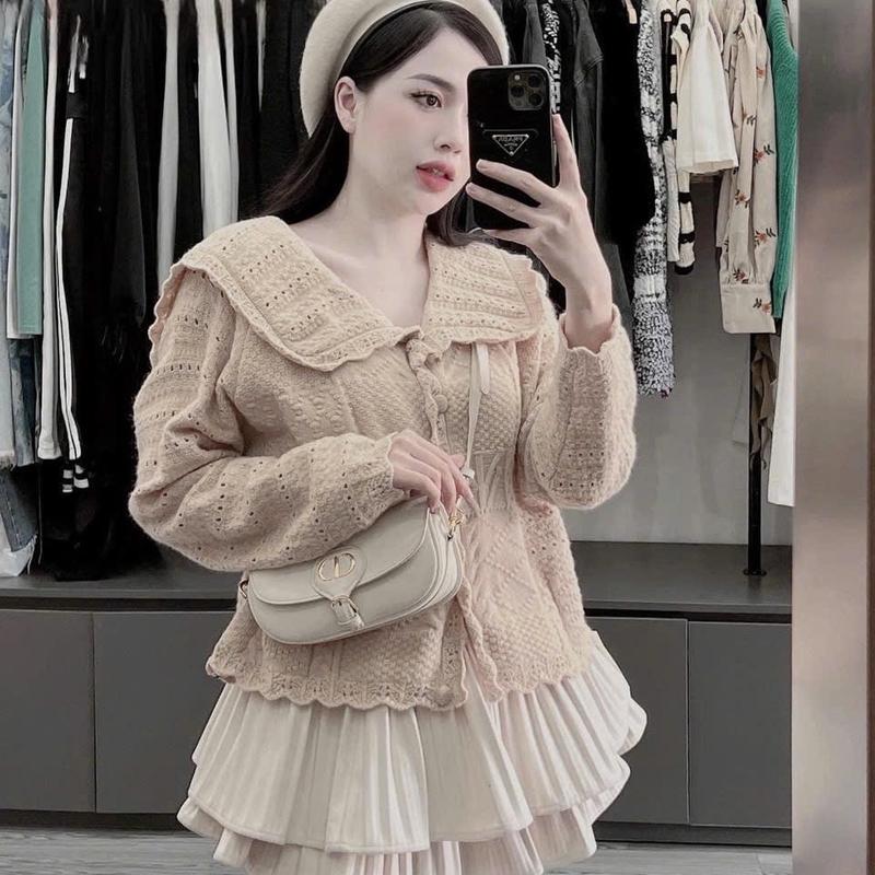  Áo len nữ len dệt bánh bèo màu kem nude hàng QC cúc bọc Women Top áo  len 