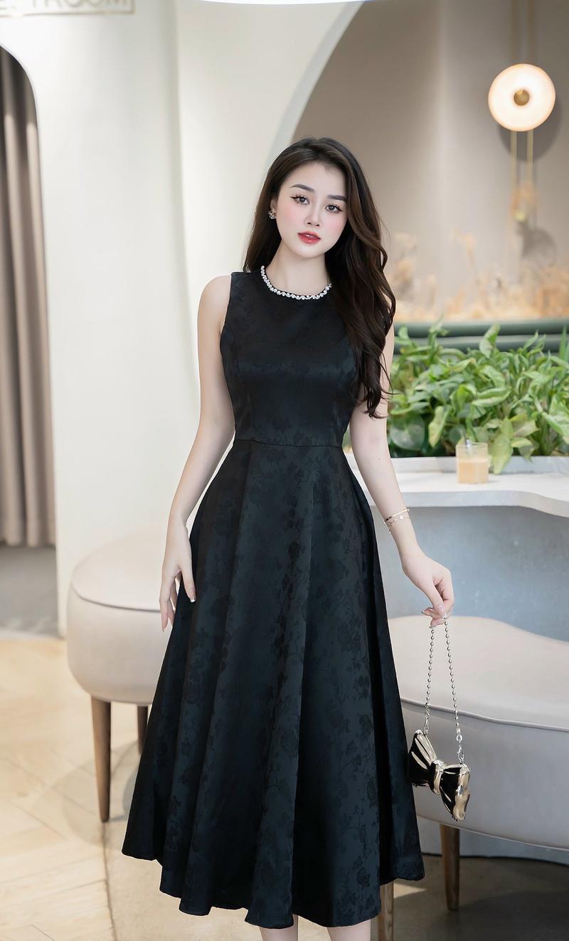 Product Introduction of Váy sát nách quay lộn 2 lớp Vân Hoa cao cấp cổ đính đá siêu sang Smlxl Nữ Women Dress 4