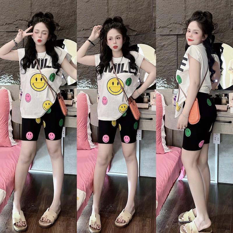 SÉT BỘ NGỐ ÁO THUN COTTON BA LỖ in hình (mc smile) phối quần ngố thun cotton in hình (mc) nữ mặc nhà đi chơi- Tuhaodobo Women Top 2