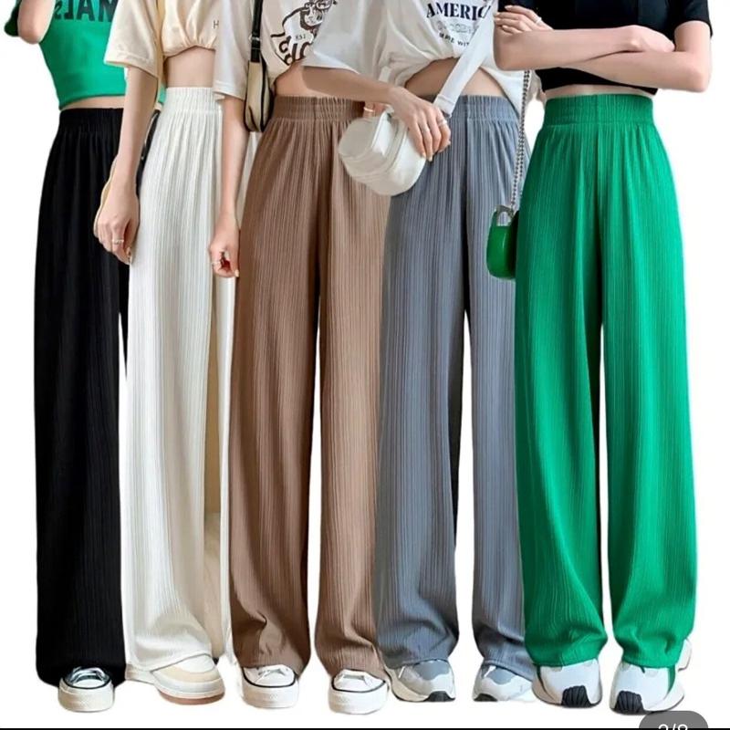 Quần ống rộng vải gân quảng châu Pants Thun Nữ Women có 2 túi trước kướt quanongsuong viền sọc Voi Voan Đen quansuong hanquoc suông combat quan hack len quần  nỉ muadong quần  thun ong ongsuong