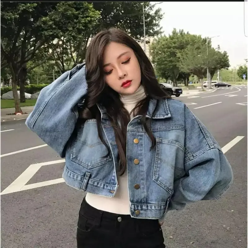 938 JAKET JEANS CROP KOMBINASI MUTIARA TEMBAK OVERSIZE CRO