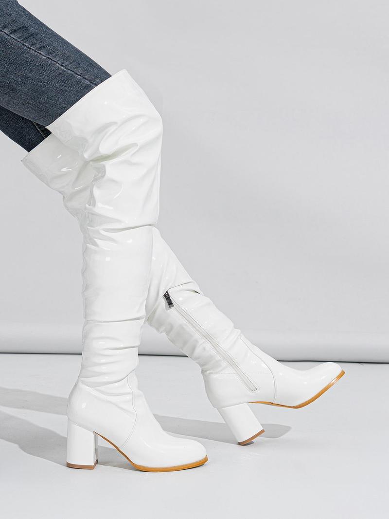 Product Introduction of Women's 2023 New Fashion Pu Over-the-knee High Heeled Boots, Elegant Plain Side Zipper Design Boots, European and American Style Pointed Toe Slouchy Boots for Parties and Evenings 12