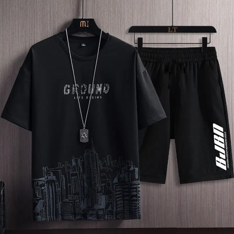Bộ quần áo nam thể thao thun lạnh co dãn nhanh khô in chữ Ground Menswear 0