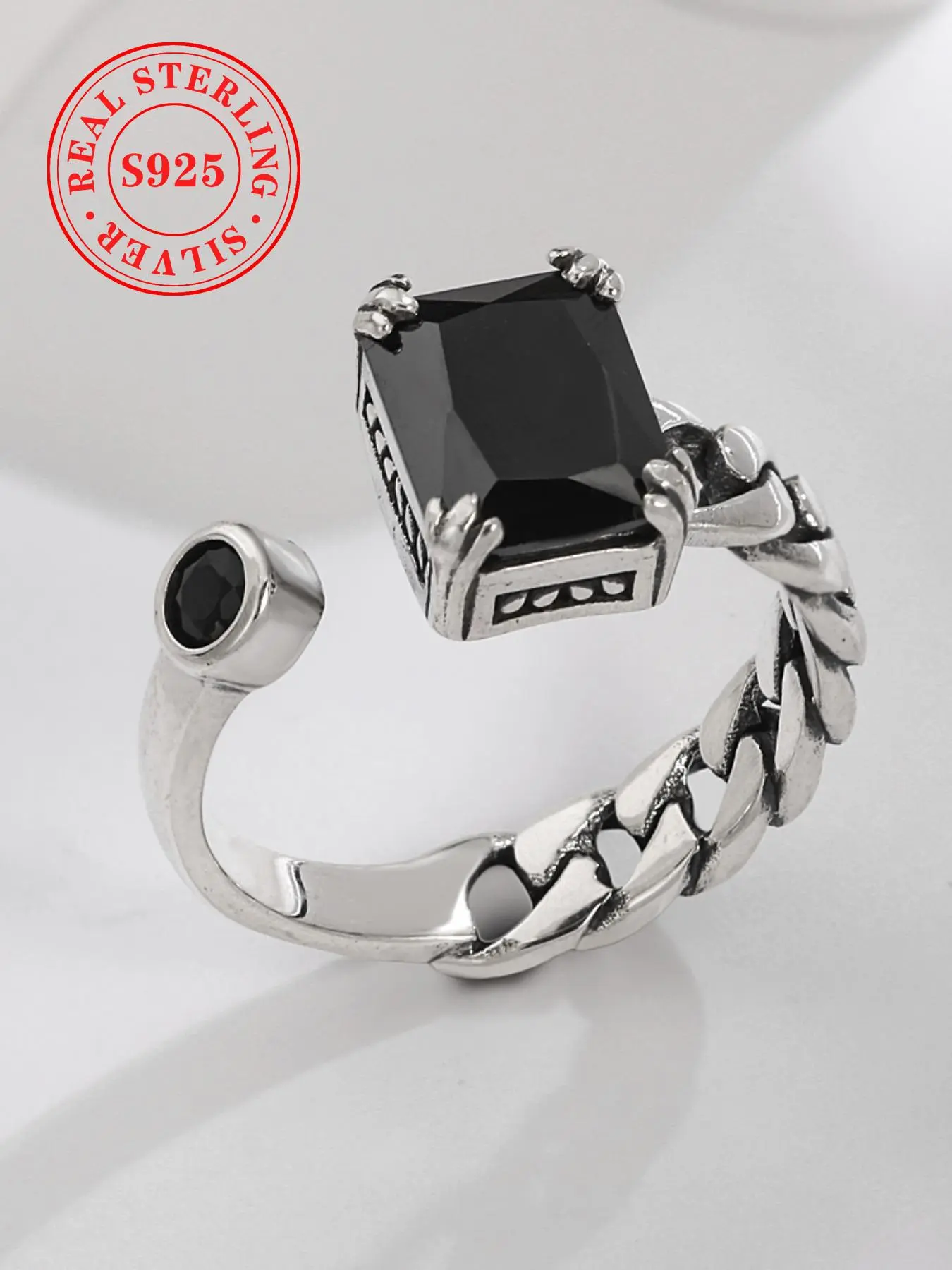 925 Sterling Silver Hip Hop Style Square Agate Ring, Adjustable Size Ring, Fashion Jewelry Accessories for Women & Men