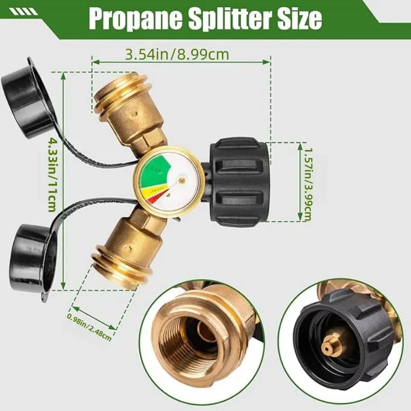 Propane Tank Splitter with Gauge & Shut Off Valve, 2 Way Propane Splitter Adapter, Propane Hose Splitter Manifold for Camping Stoves, Heater, BBQ Grill, Gas Burner 1