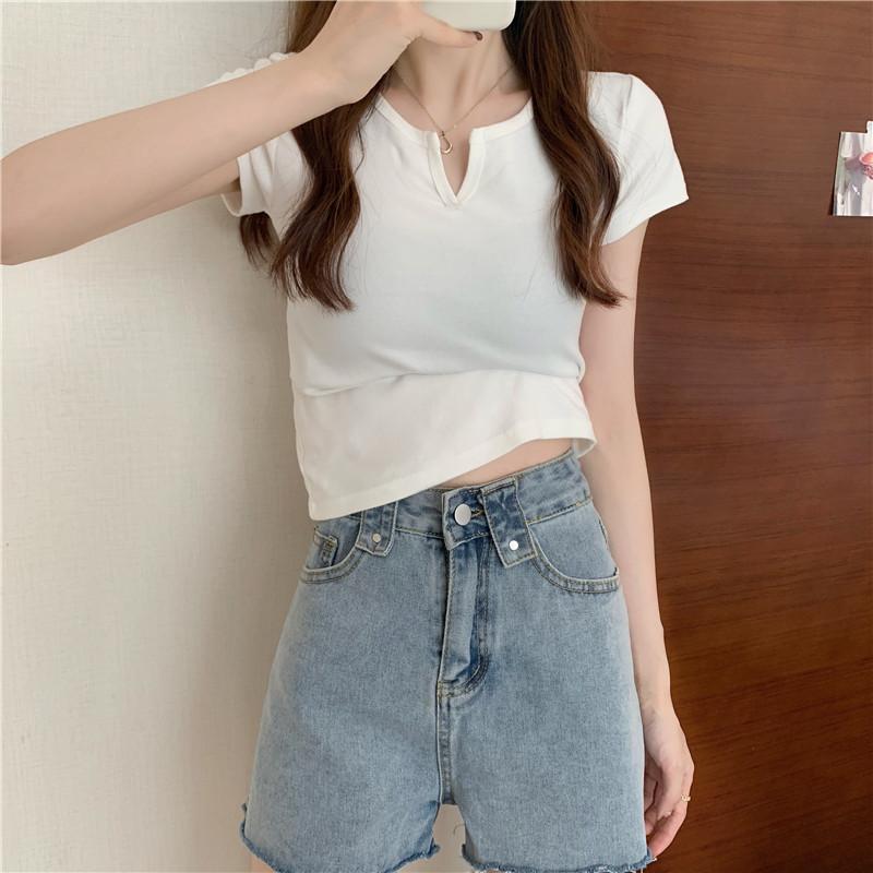 Product Introduction of Summer slim fit crop top spicy girl outfit T-shirt short sleeved plain color, comfortable and breathable, paired with jeans 22