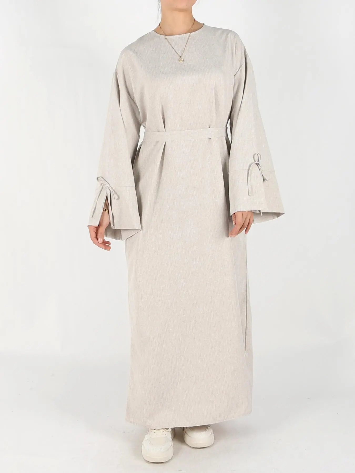 Women's Solid Belted Long Sleeve Dress, Elegant Round Neck Muslim Dress for Daily Wear, Ladies Islamic Clothing for All Seasons
