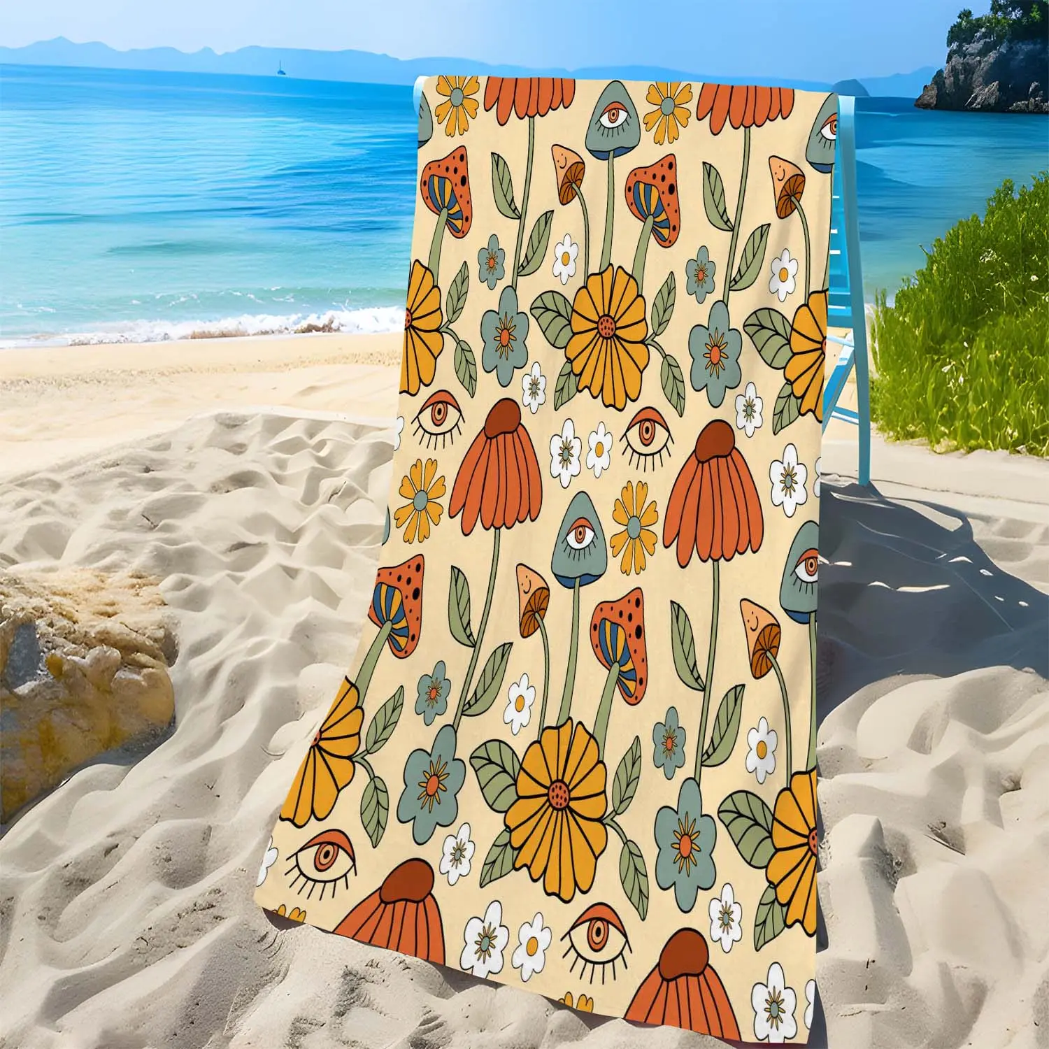 Floral & Eye Print Beach Towel, Soft Comfortable Lightweight Sand-proof Beach Towel, Water Absorbent Towel for Travel Swimming, Surfing, Yoga, Camping