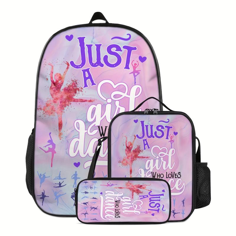 TikTok Shop 2024 3 PCS 1 Set Just A Girl Who Love Dance Backpack Set with Lunch Bag and Pencil Pouch Case 17IN Ballet Casual Daypack Bookbag