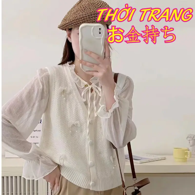 Áo gile len đính nơ cúc bọc cổ V nhiều màu 406 4