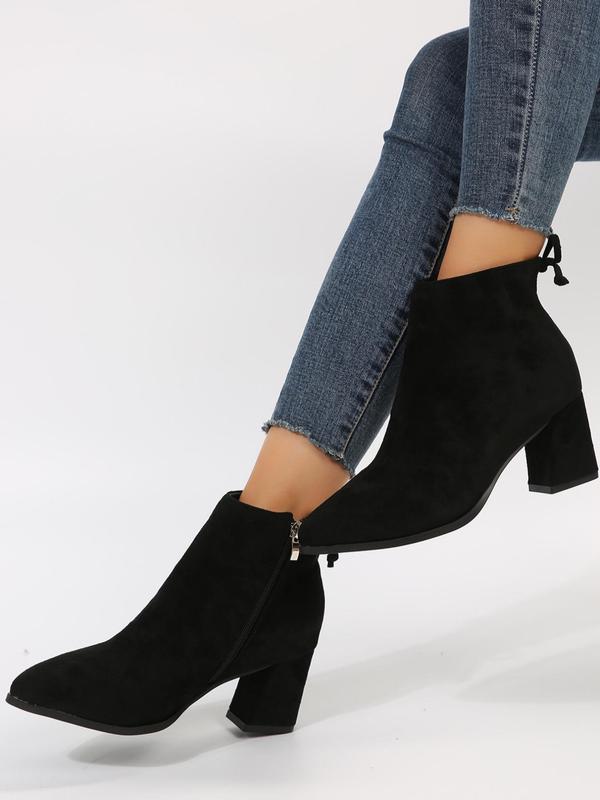 Women's 2023 New Trend Elegant Chunky Heel Tie Ankle Zipper Boots, 1 Pair Fashion All-match Solid Color Ankle Pointed Toe Boots, Thick Heel Short Boots with Fleece for Daily Wear 2