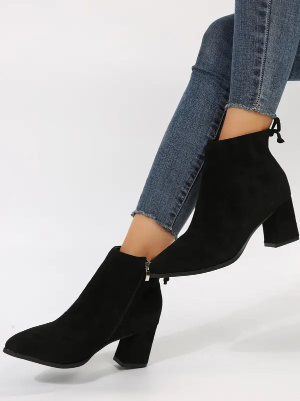 Women's 2023 New Trend Elegant Chunky Heel Tie Ankle Zipper Boots, 1 Pair Fashion All-match Solid Color Ankle Pointed Toe Boots, Thick Heel Short Boots with Fleece for Daily Wear 2