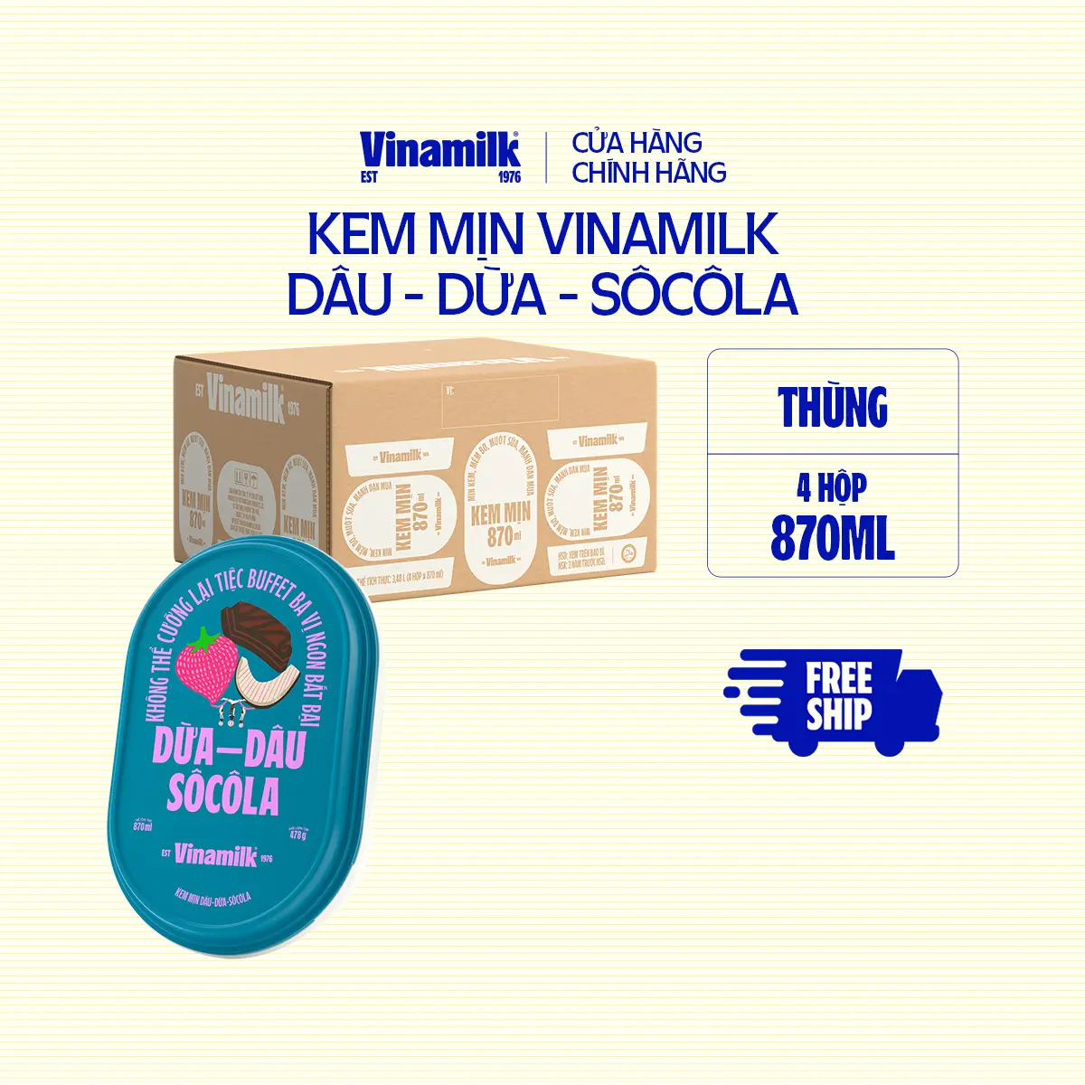 [CHỈ GIAO THÀNH PHỐ LỚN BÁN KÍNH 10KM] Thùng 4 hộp Kem mịn Dâu-Dừa Socola hộp 870ml