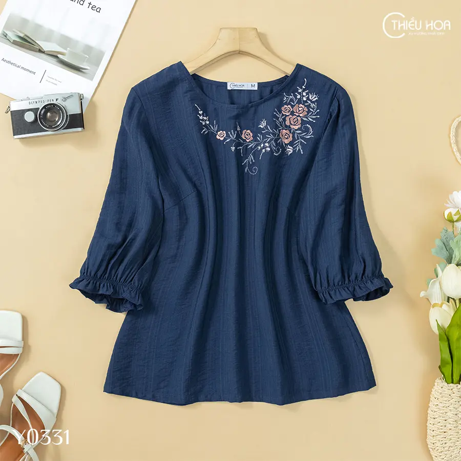 Áo Tơ Xước Nữ Trung Niên  Thanh Lịch, Trang Nhã cho mẹ thương hiệu Thiều Hoa AN4Y0331 Top Women Cổ Tròn
