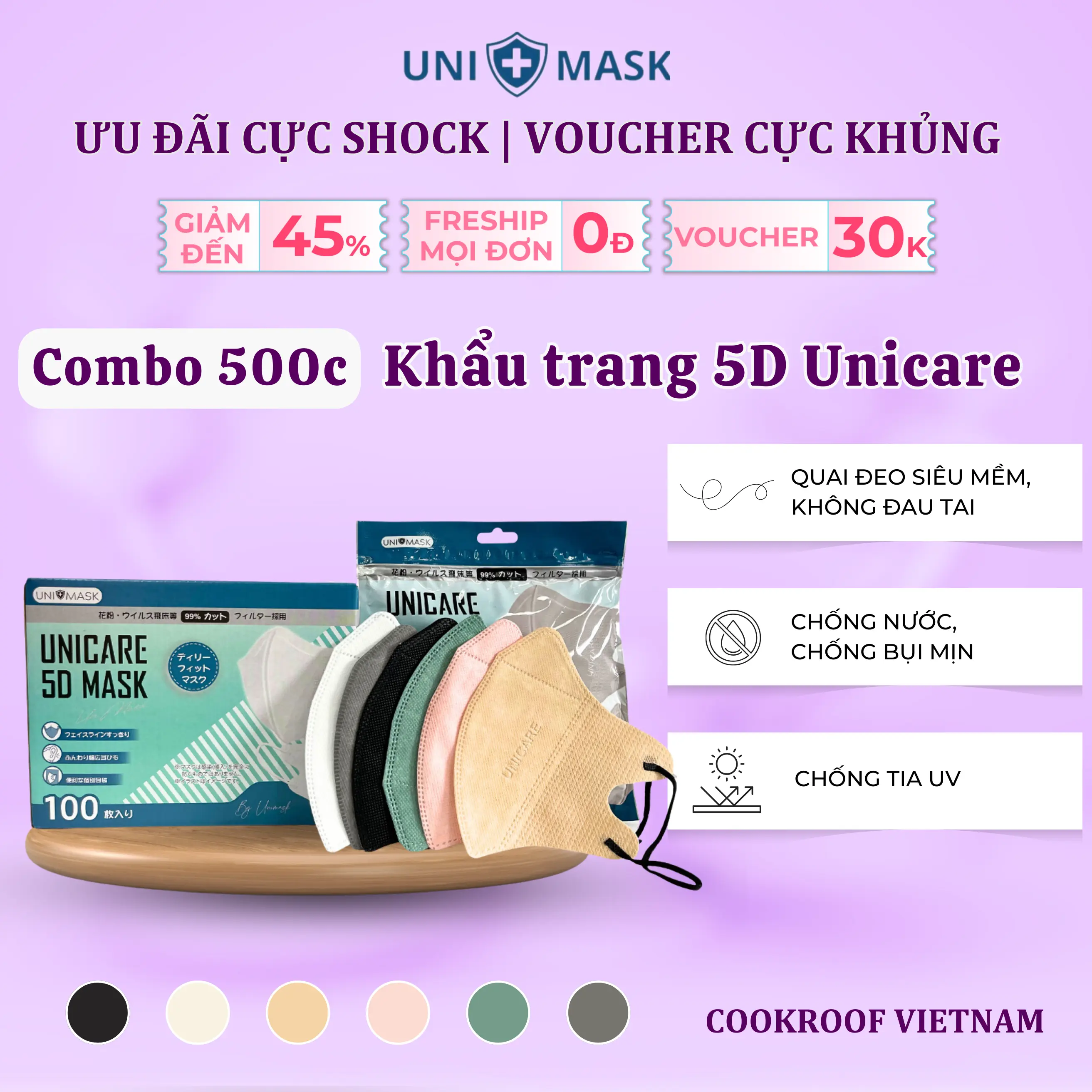 [500-chiếc] khẩu trang 5D Unicare siêu mềm mịn, co giãn cực tốt, kháng khuẩn tới 99% Accessories