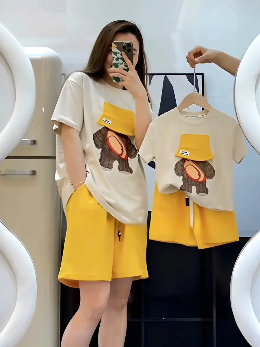 [9-80kg] Bộ cộc tay gia đình gấu đội mũ đáng yêu, bộ quần áo bố, mẹ, bé trai, bé gái đều mặc được hottrend mịn mát 2025, bộ quần áo gia đình Cotton