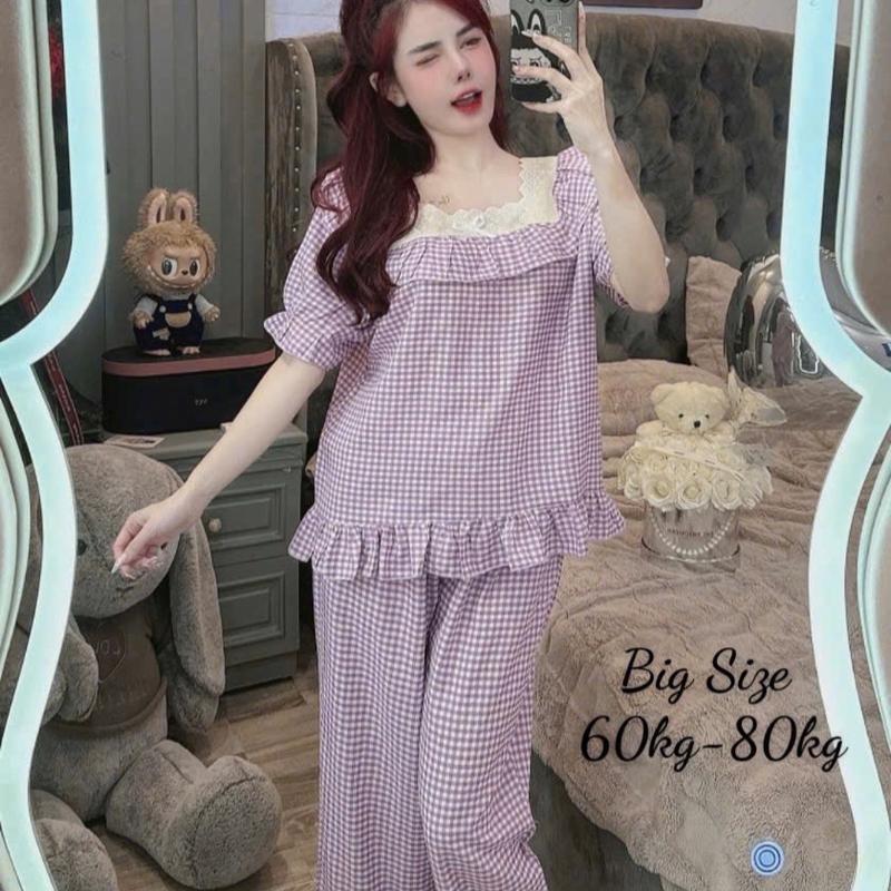 Bigsize 50/75 kg đũi sọc caro tiểu thư cổ vuông viền ren mặc nhà thoáng mát Women Nữ 7