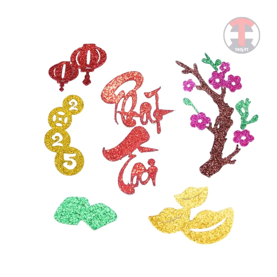 [20] Combo 12cm Set 3 cành đào và phụ kiện thư pháp trang trí dừa Tết
